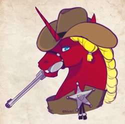 Size: 2202x2184 | Tagged: safe, artist:sitaart, imported from derpibooru, oc, oc only, oc:steel prism, pony, unicorn, bust, gun, handgun, hat, mouth hold, portrait, revolver, sheriff, sheriff's badge, solo, weapon