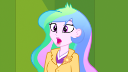 Size: 1920x1080 | Tagged: safe, imported from derpibooru, screencap, princess celestia, human, equestria girls, friendship games, blazer, canterlot high, cutie mark accessory, female, lockers, open mouth, principal celestia, solo, surprised