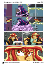 Size: 1495x2085 | Tagged: safe, artist:atariboy2600, artist:bluecarnationstudios, imported from derpibooru, sunset shimmer, twilight sparkle, alicorn, comic:the amazonian effect, comic:the amazonian effect iii, equestria girls, angry, bloodshot eyes, bra, clothes, comic, muscle growth, muscles, overdeveloped muscles, purple underwear, red eyes, twilight muscle, twilight sparkle (alicorn), underwear