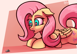 Size: 1499x1050 | Tagged: safe, artist:hc0, imported from derpibooru, fluttershy, pegasus, pony, spider, female, floppy ears, heart eyes, looking at something, prone, solo, wingding eyes