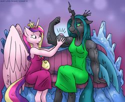 Size: 1200x982 | Tagged: safe, artist:kaemantis, imported from derpibooru, princess cadance, queen chrysalis, alicorn, anthro, changeling, changeling queen, unguligrade anthro, clothes, commission, couch, cute, cutedance, dress, female, flexing, large wings, muscles, muscular female, queen chrysalifts, sitting, wings