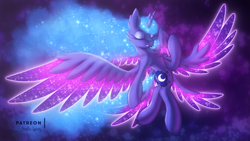 Size: 2880x1620 | Tagged: safe, artist:shad0w-galaxy, imported from derpibooru, princess luna, alicorn, pony, beautiful, ethereal mane, eyes closed, female, galaxy mane, goddess, majestic, mare, solo, sparkly wings