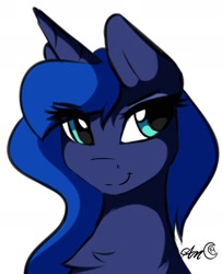 Size: 1608x1983 | Tagged: safe, artist:arjinmoon, imported from derpibooru, princess luna, alicorn, pony, bust, chest fluff, cute, female, lunabetes, portrait, simple background, smiling, solo