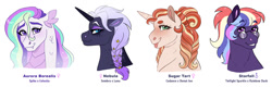 Size: 1280x412 | Tagged: safe, artist:cascayd, imported from derpibooru, oc, oc only, oc:aurora borealis, oc:nebula, oc:starfall, oc:sugar tart, dracony, earth pony, hybrid, pony, unicorn, adoptable, bust, crack ship offspring, female, glasses, interspecies offspring, magical lesbian spawn, mare, next generation, offspring, parent:donut joe, parent:king sombra, parent:princess cadance, parent:princess celestia, parent:princess luna, parent:rainbow dash, parent:spike, parent:twilight sparkle, parents:joedance, parents:lumbra, parents:spikelestia, parents:twidash, simple background, tongue out, white background