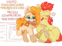 Size: 4000x3000 | Tagged: safe, artist:hiccupsdoesart, deleted from derpibooru, imported from derpibooru, bright mac, pear butter, earth pony, pony, baking, baking sheet, bowl, brightabetes, brightbutter, chest fluff, colored pupils, cupcake, cute, dialogue, female, food, freckles, male, mare, mixing bowl, mouth hold, pearabetes, shipping, sitting, stallion, straight, tongue out, unshorn fetlocks