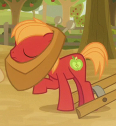 Size: 281x306 | Tagged: safe, imported from derpibooru, screencap, big macintosh, earth pony, pony, going to seed, colt big macintosh, cropped, eyes closed, horse collar, male, raised hoof, yoke, younger