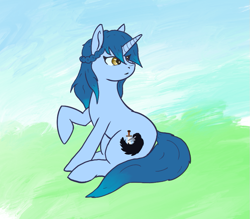 Size: 843x738 | Tagged: safe, artist:theyellowcoat, imported from derpibooru, oc, oc only, oc:raven sorrel, pony, unicorn, braid, female, grassy field, looking back, mare, sitting