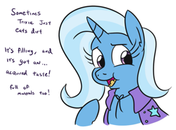 Size: 677x497 | Tagged: safe, artist:jargon scott, imported from derpibooru, trixie, pony, unicorn, bust, dialogue, dirt, eating, eating dirt, female, horses doing horse things, mare, open mouth, pica, portrait, simple background, solo, trixie is poor, white background