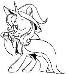 Size: 633x704 | Tagged: safe, artist:woollily, imported from derpibooru, trixie, pony, unicorn, cape, clothes, female, hat, looking at you, mare, monochrome, one eye closed, playing card, smiling, solo, trixie's cape, trixie's hat