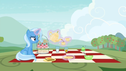 Size: 1920x1080 | Tagged: safe, imported from derpibooru, screencap, trixie, pony, unicorn, student counsel, bread, cloud, cup, cupcake, female, food, frown, glowing horn, horn, lonely, magic, magic aura, mare, picnic, picnic blanket, ponyville, sandwich, sitting, solo, sweet apple acres, tea, teacup, teapot, telekinesis