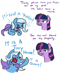 Size: 629x760 | Tagged: safe, artist:jargon scott, imported from derpibooru, trixie, twilight sparkle, alicorn, pony, unicorn, angry, cape, clothes, comic, cute, dialogue, diatrixes, female, lidded eyes, madorable, mare, no pupils, open mouth, tiny home, tongue out, trixie is poor, trixie's cape, trixie's wagon, twilight sparkle (alicorn), yelling