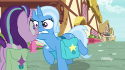 Size: 1920x1080 | Tagged: safe, imported from derpibooru, screencap, starlight glimmer, trixie, pony, unicorn, season 9, student counsel, spoiler:s09, angry, boop, discovery family logo, eye contact, faic, female, gritted teeth, looking at each other, mare, nervous, nose to nose, ponyville, saddle bag, special eyes, wide eyes