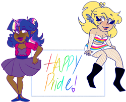 Size: 1280x1035 | Tagged: safe, artist:cubbybatdoodles, imported from derpibooru, derpy hooves, ditzy doo, twilight sparkle, human, bi twi, bilight sparkle, bisexual pride flag, bisexuality, dark skin, duo, elf ears, female, horn, horned humanization, humanized, pansexual, pansexual pride flag, pride, pride month, simple background, transparent background, unicorns as elves, wing ears