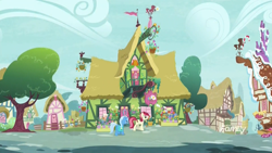 Size: 1920x1080 | Tagged: safe, imported from derpibooru, screencap, roseluck, trixie, earth pony, pony, unicorn, student counsel, duo, female, flower shop, mare, ponyville, sugarcube corner, trough, water pump, water trough