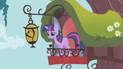 Size: 1280x720 | Tagged: safe, imported from derpibooru, screencap, twilight sparkle, pony, unicorn, dragonshy, balcony, female, golden oaks library, lantern, mare, solo, unicorn twilight