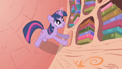 Size: 1280x720 | Tagged: safe, imported from derpibooru, screencap, twilight sparkle, pony, unicorn, look before you sleep, book, bookshelf, female, golden oaks library, magic, mare, solo, unicorn twilight