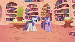 Size: 1280x720 | Tagged: safe, imported from derpibooru, screencap, rarity, twilight sparkle, pony, unicorn, look before you sleep, book, bookshelf, duo, female, golden oaks library, ladder, library, mare, unicorn twilight