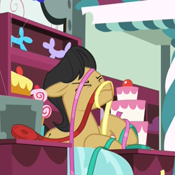 Size: 1078x1079 | Tagged: safe, imported from derpibooru, screencap, cherry cola, cherry fizzy, earth pony, pony, student counsel, :s, cropped, eyes closed, floppy ears, grimace, male, out of context, party shop, shop, solo, stallion, wavy mouth