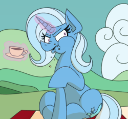 Size: 1731x1607 | Tagged: safe, artist:cowsrtasty, imported from derpibooru, trixie, pony, unicorn, student counsel, cloud, crumbs, cup, eating, female, levitation, magic, mare, picnic blanket, raised leg, scene interpretation, solo, teacup, telekinesis, trixie is not amused, unamused