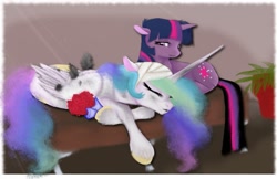 Size: 1431x928 | Tagged: safe, artist:bri-sta, imported from derpibooru, princess celestia, twilight sparkle, alicorn, pony, unicorn, bandage, composure, fanfic art, flower, injured