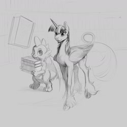 Size: 1800x1800 | Tagged: safe, artist:amarynceus, imported from derpibooru, spike, twilight sparkle, twilight sparkle (alicorn), alicorn, classical unicorn, dragon, pony, book, bookshelf, cloven hooves, duo, female, gray background, grayscale, leonine tail, male, mare, monochrome, simple background, sketch, unshorn fetlocks, winged spike