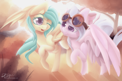 Size: 3350x2218 | Tagged: safe, artist:hamatte, imported from derpibooru, flitter, oc, oc:mango foalix, pegasus, pony, duo, duo female, female, goggles, mare, one eye closed, spread wings, wings