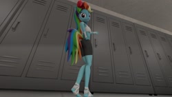 Size: 2702x1520 | Tagged: safe, artist:fazbearsparkle, imported from derpibooru, rainbow dash, anthro, 3d, cloakroom, locker room, lockers, looking at you, source filmmaker