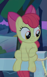 Size: 419x677 | Tagged: safe, imported from derpibooru, screencap, apple bloom, earth pony, pony, going to seed, adorabloom, cropped, cute, female, fence, filly, foal, sitting, smiling, solo