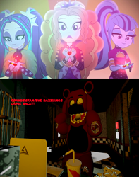 Size: 1336x1692 | Tagged: safe, artist:optimussparkle, edit, imported from derpibooru, screencap, adagio dazzle, aria blaze, sonata dusk, oc, equestria girls, equestria girls series, find the magic, spoiler:eqg series (season 2), 2019, 3d, barely eqg related, five nights at freddy's, non-mlp oc, non-pony oc, source filmmaker, the dazzlings, the dazzlings have returned