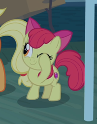 Size: 430x546 | Tagged: safe, imported from derpibooru, screencap, apple bloom, applejack, earth pony, pony, going to seed, adorabloom, cropped, cute, female, filly, foal, offscreen character, one eye closed, pinkie promise, smiling