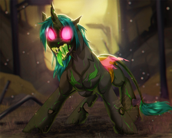 Size: 848x682 | Tagged: safe, artist:dolorosacake, imported from derpibooru, oc, oc only, changeling, changeling oc, digital art, forest, glowing eyes, open mouth, scenery, solo, tongue out, ych result