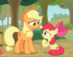 Size: 1207x940 | Tagged: safe, imported from derpibooru, screencap, apple bloom, applejack, earth pony, pony, going to seed, apple sisters, cropped, duo, female, filly, foal, hooves together, mare, pleading, siblings, sisters, sitting