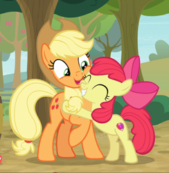 Size: 916x937 | Tagged: safe, imported from derpibooru, screencap, apple bloom, applejack, earth pony, pony, going to seed, adorabloom, apple sisters, cheek squish, cropped, cute, duo, eyes closed, female, filly, foal, hug, jackabetes, mare, open mouth, raised hoof, siblings, sisters, smiling, squishy cheeks
