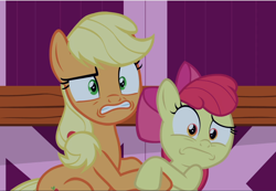 Size: 1360x941 | Tagged: safe, imported from derpibooru, screencap, apple bloom, applejack, earth pony, pony, going to seed, bow, cropped, duo, faic, female, filly, hair bow, holding each other, mare, shocked, siblings, sisters, sitting, teeth, wide eyes