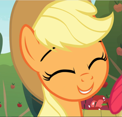 Size: 983x941 | Tagged: safe, imported from derpibooru, screencap, apple bloom, applejack, earth pony, pony, going to seed, close-up, cropped, cute, eyes closed, female, jackabetes, mare, offscreen character, smiling