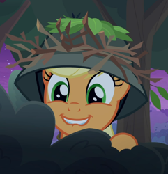 Size: 868x901 | Tagged: safe, imported from derpibooru, screencap, applejack, earth pony, pony, going to seed, bush, cropped, cute, female, hat, hiding, jackabetes, lip bite, mare, smiling, solo