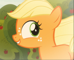 Size: 1162x939 | Tagged: safe, imported from derpibooru, screencap, applejack, earth pony, pony, going to seed, close-up, cropped, cute, female, filly, filly applejack, freckles, jackabetes, smiling, solo, younger