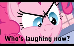 Size: 1000x625 | Tagged: safe, edit, edited screencap, imported from derpibooru, screencap, pinkie pie, earth pony, pony, baby cakes, caption, schadenfreude, smiling, smirk, solo, stare, the stare, who's laughing now
