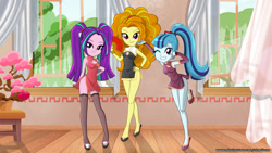 Size: 1920x1080 | Tagged: safe, alternate version, artist:charliexe, edit, imported from derpibooru, adagio dazzle, aria blaze, sonata dusk, equestria girls, rainbow rocks, adoragio, adorasexy, ariabetes, cheongsam, clothes, cute, dress, female, flats, hand fan, indoors, legs, looking at you, one eye closed, pigtails, ponytail, schrödinger's pantsu, sexy, shoes, smiling, socks, sonatabetes, stockings, the dazzlings, thigh highs, trio, twintails, wallpaper, wallpaper edit, wink, zettai ryouiki