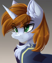 Size: 1920x2316 | Tagged: safe, artist:airiniblock, imported from derpibooru, oc, oc only, oc:littlepip, pony, unicorn, fallout equestria, bust, chest fluff, clothes, commission, ear fluff, fanfic, fanfic art, female, gradient background, horn, jumpsuit, long horn, mare, rcf community, solo, vault suit