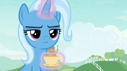 Size: 1920x1080 | Tagged: safe, imported from derpibooru, screencap, trixie, pony, unicorn, student counsel, cup, female, magic, magic aura, mare, solo, teacup, telekinesis, unamused