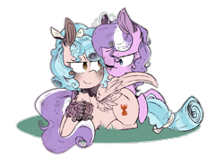 Size: 1915x1415 | Tagged: safe, artist:urbanqhoul, imported from derpibooru, cozy glow, diamond tiara, pegasus, pony, bow, commission, cozybetes, crack shipping, cute, diamondbetes, diamondglow, duo, female, grass, jewelry, lesbian, preening, shipping, simple background, tiara, white background