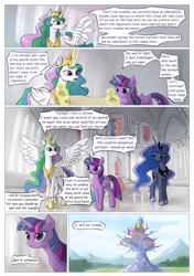 Size: 1200x1704 | Tagged: safe, artist:vyazinrei, imported from derpibooru, princess celestia, princess luna, twilight sparkle, alicorn, pony, comic:curse and madness, canterlot, cloud, comic, crown, day, jewelry, misspelling, mlpcam, regalia, sky, text, text bubbles, throne, twilight sparkle (alicorn), twilight's castle, wings