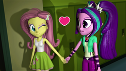 Size: 1920x1080 | Tagged: safe, artist:bigpurplemuppet99, artist:class37boy, imported from derpibooru, aria blaze, fluttershy, equestria girls, 3d, ariashy, female, flutterblaze, lesbian, one eye closed, shipping, source filmmaker, wink