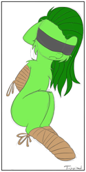 Size: 3000x6000 | Tagged: safe, artist:fajnyziomal, imported from derpibooru, oc, oc only, oc:świstek, pegasus, plant pony, pony, comic:świstek, arm behind back, blindfold, bondage, cheek fluff, chest fluff, comic, shoulder fluff, solo, tied up