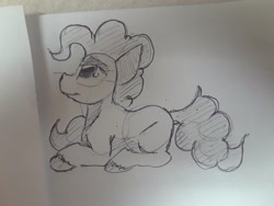 Size: 2576x1932 | Tagged: safe, artist:post-it, imported from derpibooru, pinkie pie, earth pony, pony, female, ink drawing, lidded eyes, lying down, mare, monochrome, simple background, sketch, smiling, solo, traditional art, unshorn fetlocks, white background