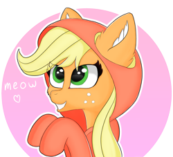 Size: 3179x2887 | Tagged: safe, artist:luntikius, imported from derpibooru, applejack, pony, abstract background, applecat, bust, cheek fluff, clothes, cute, ear fluff, eye clipping through hair, female, heart, hoodie, jackabetes, meow, portrait, smiling, solo