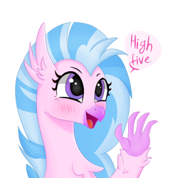 Size: 4000x4000 | Tagged: safe, artist:luntikius, imported from derpibooru, silverstream, classical hippogriff, hippogriff, absurd resolution, blushing, bust, cute, dialogue, diastreamies, female, high five, open mouth, portrait, simple background, solo, speech bubble, white background