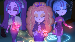 Size: 1920x1080 | Tagged: safe, imported from derpibooru, screencap, adagio dazzle, aria blaze, sonata dusk, equestria girls, equestria girls series, find the magic, spoiler:eqg series (season 2), adoragio, ariabetes, ascot, beautiful, cute, eyes closed, female, gem, jewelry, pendant, pigtails, ponytail, singing, siren gem, sonatabetes, taco dress, the dazzlings, the dazzlings have returned, trio, trio female, twintails