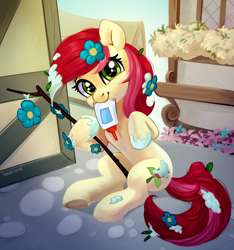 Size: 4048x4328 | Tagged: safe, artist:taneysha, imported from derpibooru, roseluck, earth pony, pony, season 9, student counsel, spoiler:s09, absurd resolution, cute, cuteluck, female, flowering branch, glue, looking at you, mare, mouth hold, rosabetes, scene interpretation, silly, silly pony, smiling, solo, stick